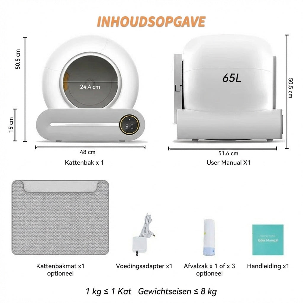 PurrTech Premium Zelfreinigende Kattenbak (65L) - Met App & Geurverwijdering